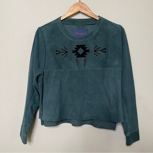 Lilly Sarti Teal Suede Leather Top Southwestern Aztec Embossed Pullover | Size S